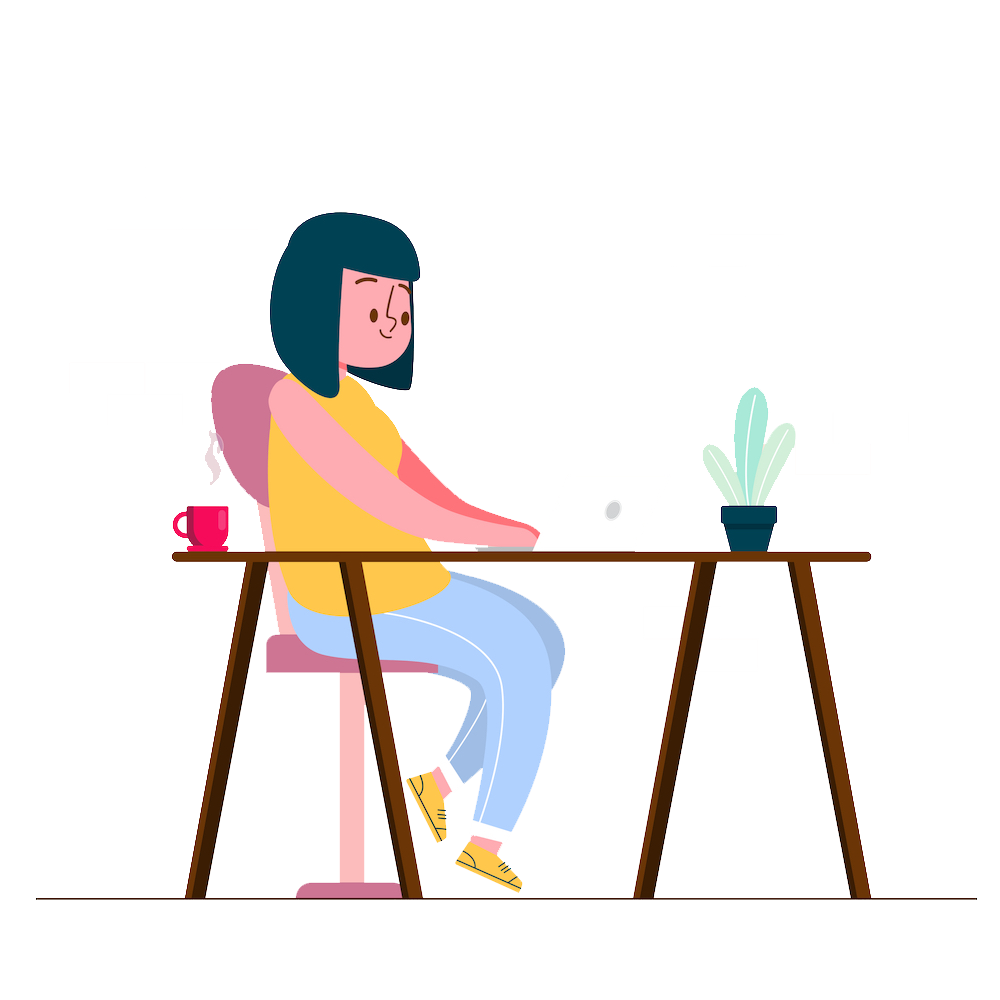 cartoon image of girl at desk doing affiliate marketing