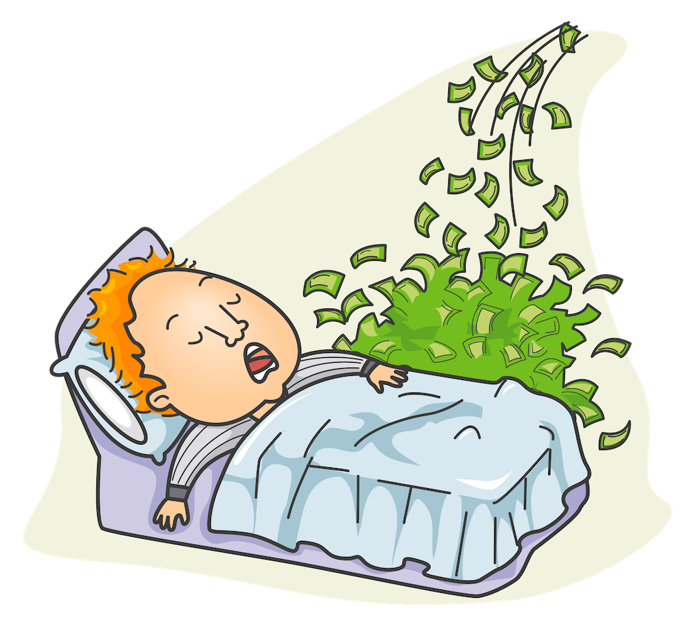 man sleeping and dreaming of money as a reference to building your dream
